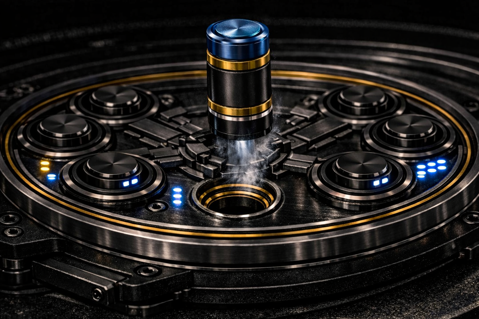 SPINDLE carousel battery exchange mechanism — 6 sealed cylindrical battery canister slots with charge indicators